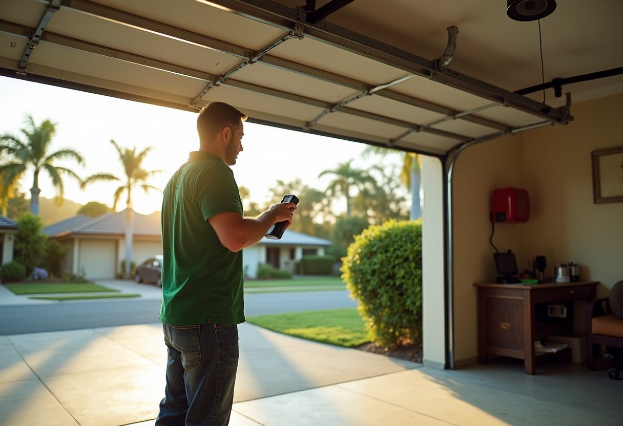 Technician adjusting a belt-drive garage opener — Miami